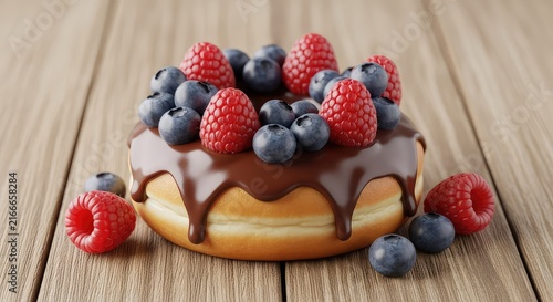 Indulgent glazed donut topped with rich melted chocolate ganache, fresh red raspberries, and blueberries served on a rustic wood surface, dessert, frosting, chocolate