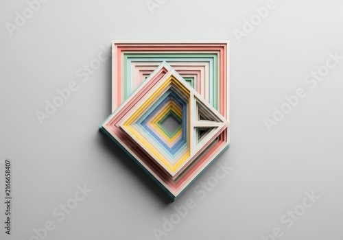 Layered geometric shapes in soft pastel hues create a three-dimensional paper cut effect with clean lines and subtle shadows on a solid base, backdrop, 3d, mint
