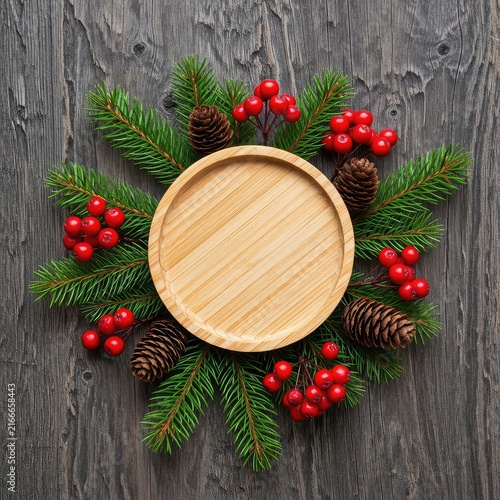 Light wooden circular coaster placed on a textured timber surface featuring festive evergreen sprigs, pinecones, and red seasonal berries, timber, traditional, empty