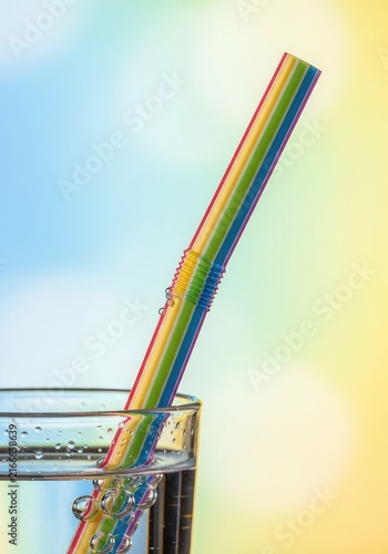 Macro view of a colorful plastic drinking straw showing the ribbed texture and fine details against a soft bokeh background in a glass, clean, macro, yellow