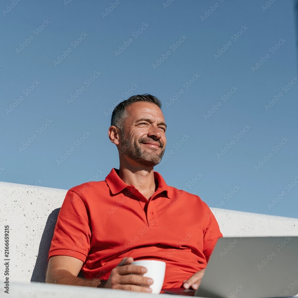 Fototapeta premium Outdoor morning scene of man in red polo with coffee and laptop against blue sky for remote work banner and sunny lifestyle