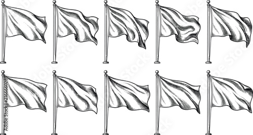  Vintage waving flag sketch icon set featuring hand drawn blank flags on poles with detailed engraving texture for retro graphic designs