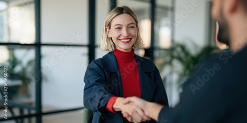 Smiling woman shaking hands in modern office setting for business meeting banner and corporate background design