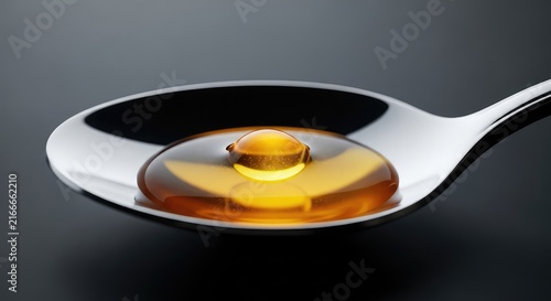 A close-up shot of a polished metal teaspoon holding a thick, shimmering drop of glowing liquid gold against a dark, moody background, reflection, macro, spoon