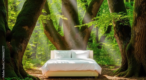 A comfortable white bed sits in the heart of a lush green forest, surrounded by tall trees and soft sunlight filtering through leaves, landscape, serene, forest