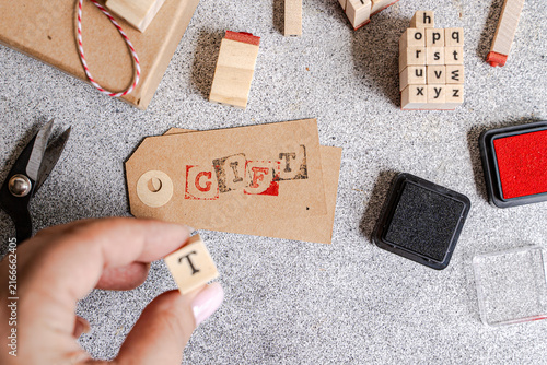 Hand stamping gift tag for handmade package wrapping