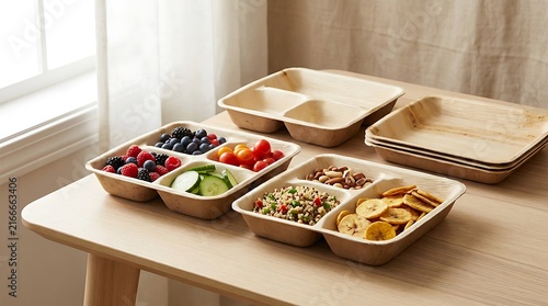 Healthy snacks in divided paper trays with fresh berries nuts and crackers sitting on a wooden table. modular food trays