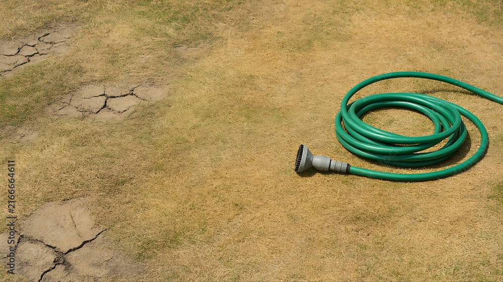 Naklejka premium Dried-up, sunburnt grass which has turned yellow from a lack of water, with green hose pipe with grey watering nozzle laying on the ground. The resulting condition of a British garden lawn due 