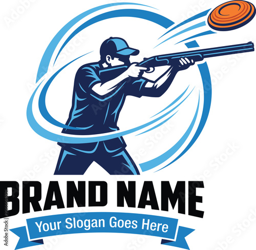 Trap and skeet shooting sport club logo template with man aiming shotgun at clay pigeon
