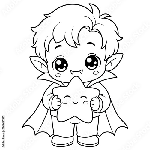 Cute chibi vampire boy holding a happy star character coloring page for kids and adults illustration