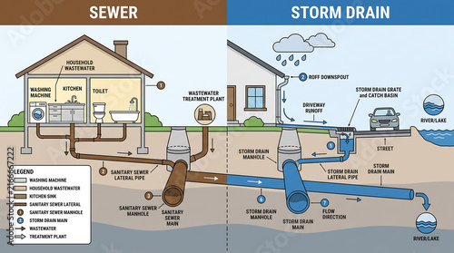Sewer and storm drain system infographic comparison diagram with home infrastructure wastewater management drainage system plumbing system water treatment comparison