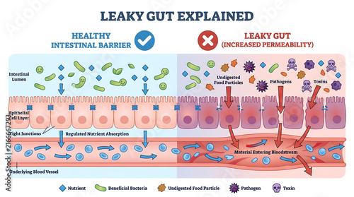 Medical infographic diagram explaining leaky gut syndrome versus a healthy intestinal barrier showing epithelial cells and microbiome with gut health