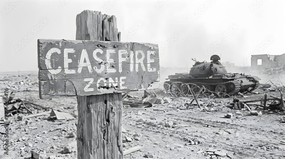 Naklejka premium A cease-fire zone sign stands in a desolate, war-torn landscape with a tank in the background