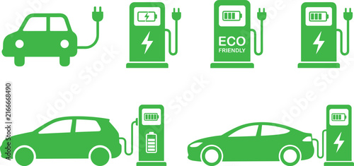 Green electric vehicle car and EV charging station icon set with battery energy symbols for eco friendly transport graphic designs