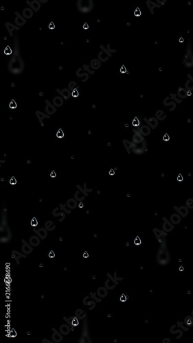 Heart-shaped raindrops on black background. 2d animation
