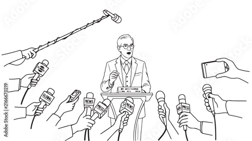 Press conference line art vector, politician speaking at podium with microphones, news media interview illustration for journalism