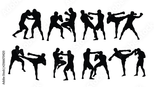 Collection of black silhouettes showing various kickboxing and martial arts fighting poses, including punches, kicks, and defensive stances on a white background