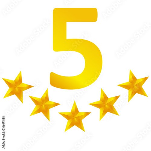 Yellow Number 5 with Golden Five Stars Isolated Vector Illustration