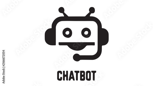 Chatbot icon with headset, black robot head vector for customer support, artificial intelligence virtual assistant logo