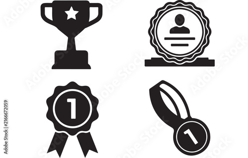Achievement award icons set, black trophy and medal vector graphics, first place winner badges for business and sports