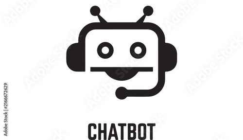 Chatbot robot head icon, black minimalist artificial intelligence avatar, digital customer support bot vector illustration