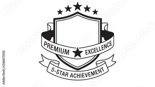 Premium excellence shield emblem, 5-star achievement award vector, black and white heraldic crest with ribbons for quality certification