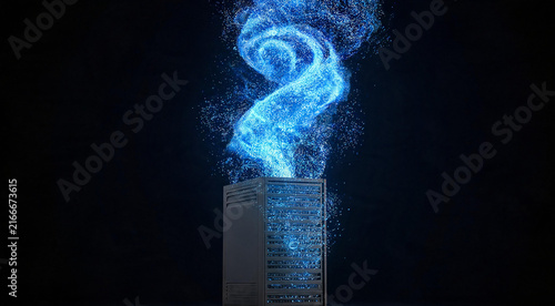 Digital data storm erupting from server rack on dark futuristic background