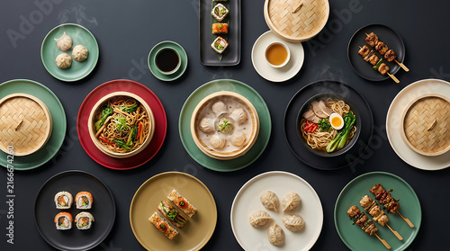 Top view of various delicious asian food dishes served on a dark table background