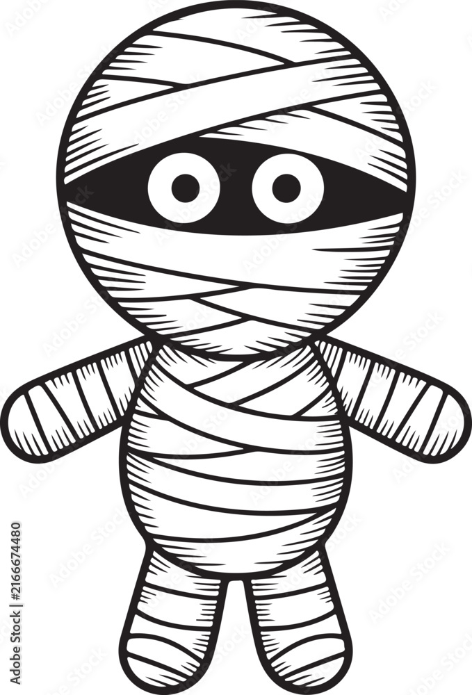 Fototapeta premium Hand drawn mummy character with bandages for Halloween creepy cartoon illustration