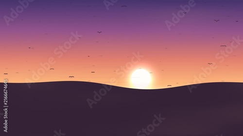 Sunset over sand dunes with birds in sky. 2d animation