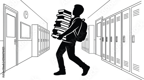 Student carrying a heavy stack of books in a school hallway illustration