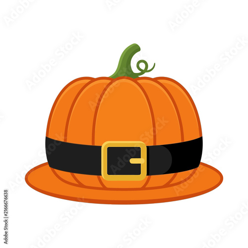 Pilgrim pumpkin hat vector illustration, orange autumn squash with black belt and gold buckle, thanksgiving holiday graphic element isolated on White Background halloween