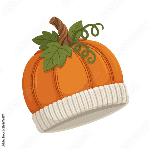 Autumn pumpkin beanie hat vector, orange knit winter cap with green leaves, cozy fall seasonal headwear illustration isolated on White Background halloween