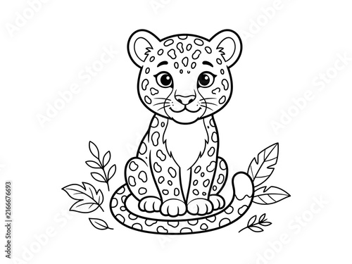 Cute cartoon leopard cub with leaves illustration isolated on transparent background