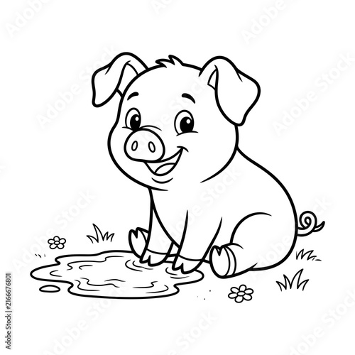 Cute cartoon pig sitting in a puddle of mud isolated on transparent background