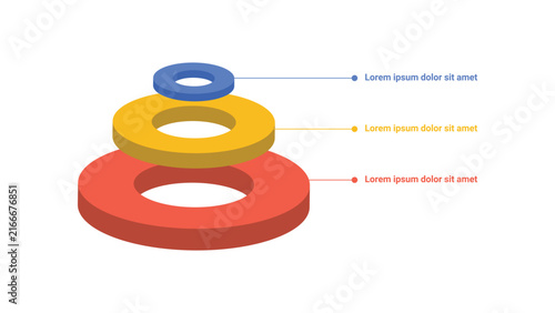 Isometric stacked ring pyramid infographic with three stages