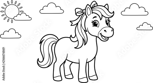 Cute cartoon pony with bow and clouds illustration isolated on transparent background