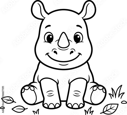 Cute cartoon rhino illustration sitting with leaves and grass isolated on transparent background