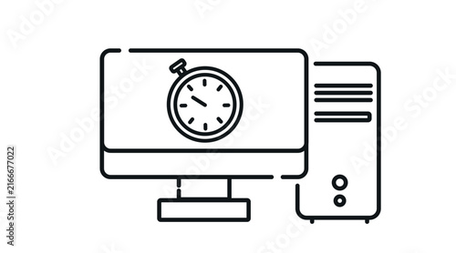 Desktop computer tower and monitor with stopwatch speed symbol on screen vector icon. Black line art style on white background. PC performance optimization, website loading speed, and fast computing c
