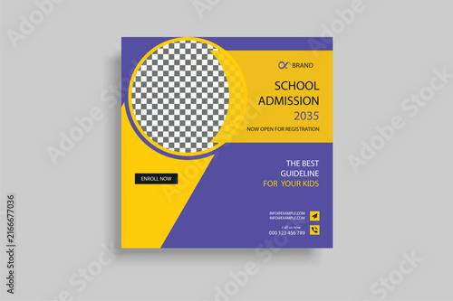 School admission social media post template with purple and yellow block and a circular placeholder for a student portrait