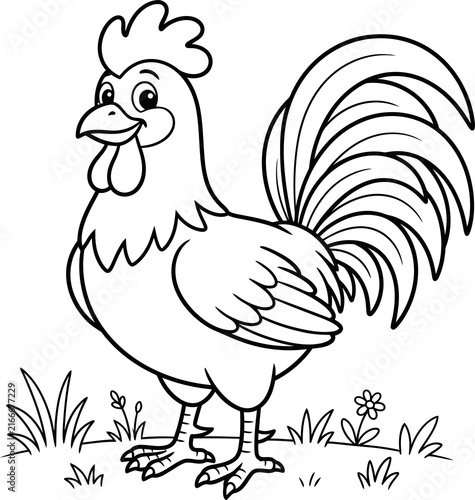 Cartoon rooster illustration with grass and flowers isolated on transparent background