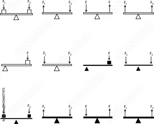 Cuadro en lienzo Educational physics diagrams showing various lever systems with forces and fulcr