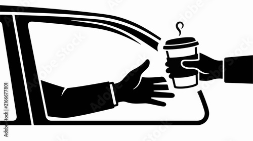 Silhouette of a hand receiving a hot coffee cup from a car window