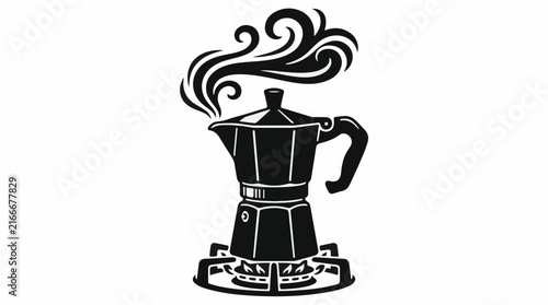 Black and white moka pot brewing coffee on a gas stovetop burner