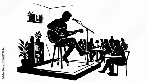 Musician playing acoustic guitar on stage for a cafe audience