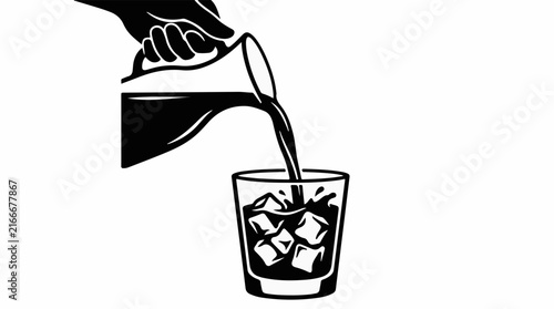 Black and white illustration of a hand pouring liquid into a glass