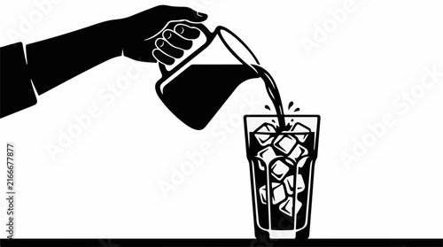 Black and white vector illustration of liquid pouring into a glass