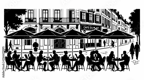 People sitting at outdoor cafe tables on a city street