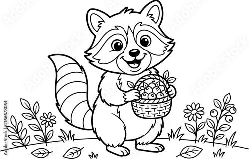 Cute raccoon carrying a basket of fruit illustration isolated on transparent background