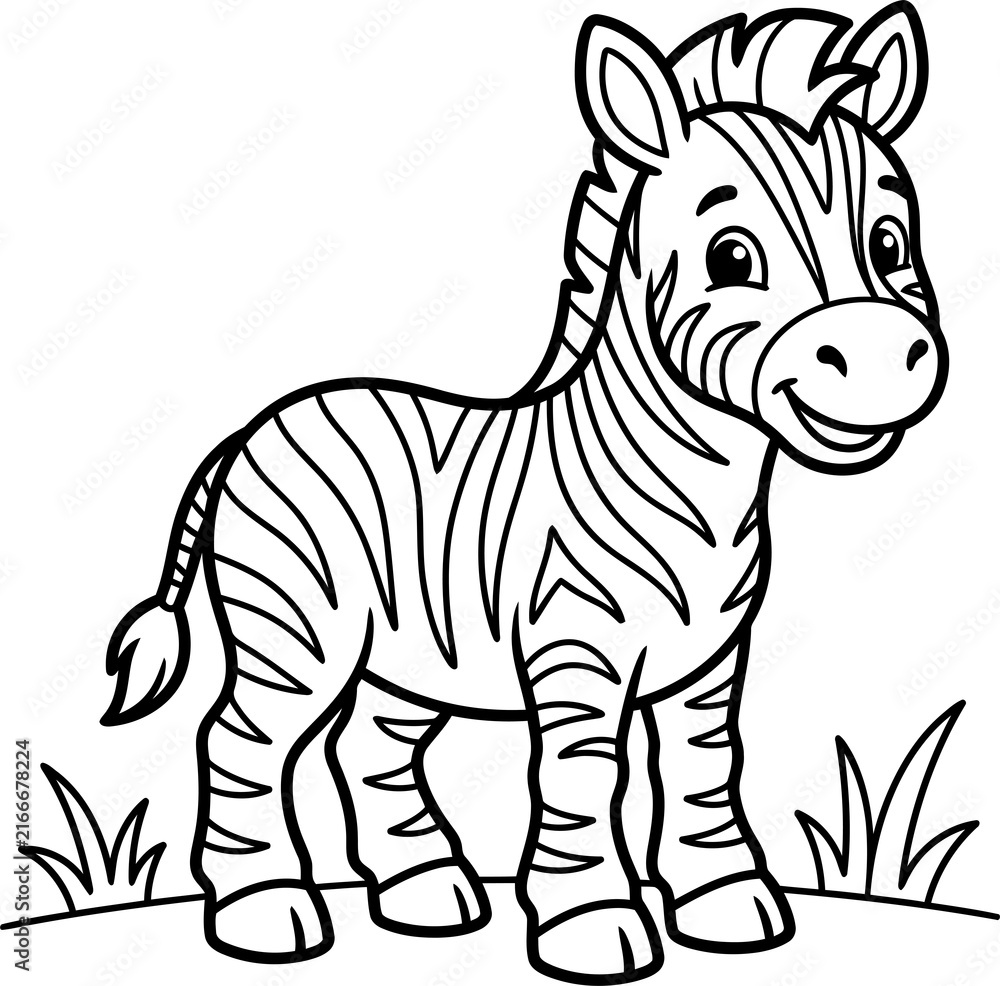 Fototapeta premium Cute baby zebra cartoon illustration with grass black and white drawing isolated on transparent background